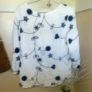 Elegant White and Blue Embroidered Women's Top blouse floral 3/4 sleeves